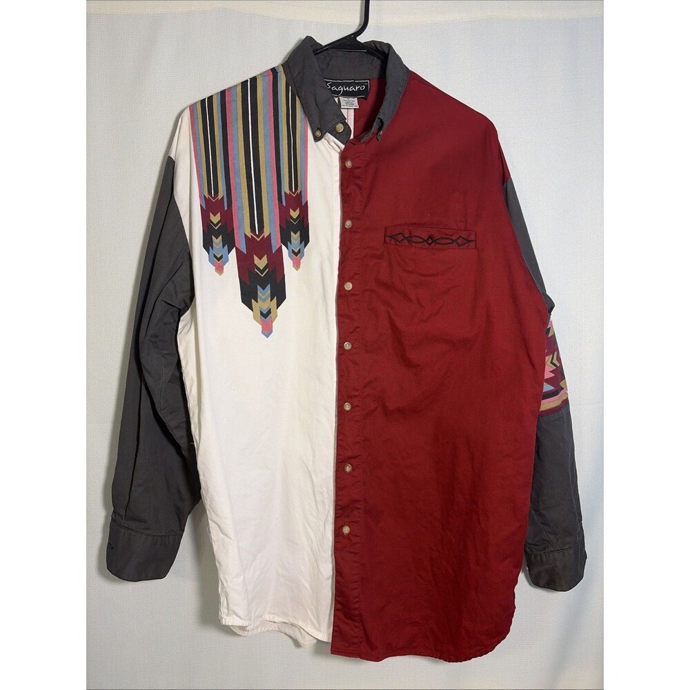 VTG Saguaro Men’s L Button Western Shirt Large Aztec Western Red 90s Cowboy